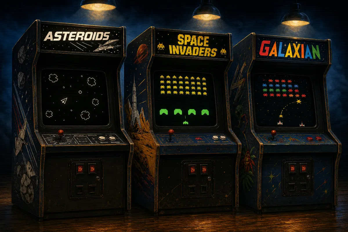 Three illuminated 1980s arcade cabinets side by side: Asteroids on the left with its vector ship and rocks on the screen, Space Invaders in the centre with yellow pixel aliens and green shields, and Galaxian on the right with multi-coloured aliens and a diving flagship.